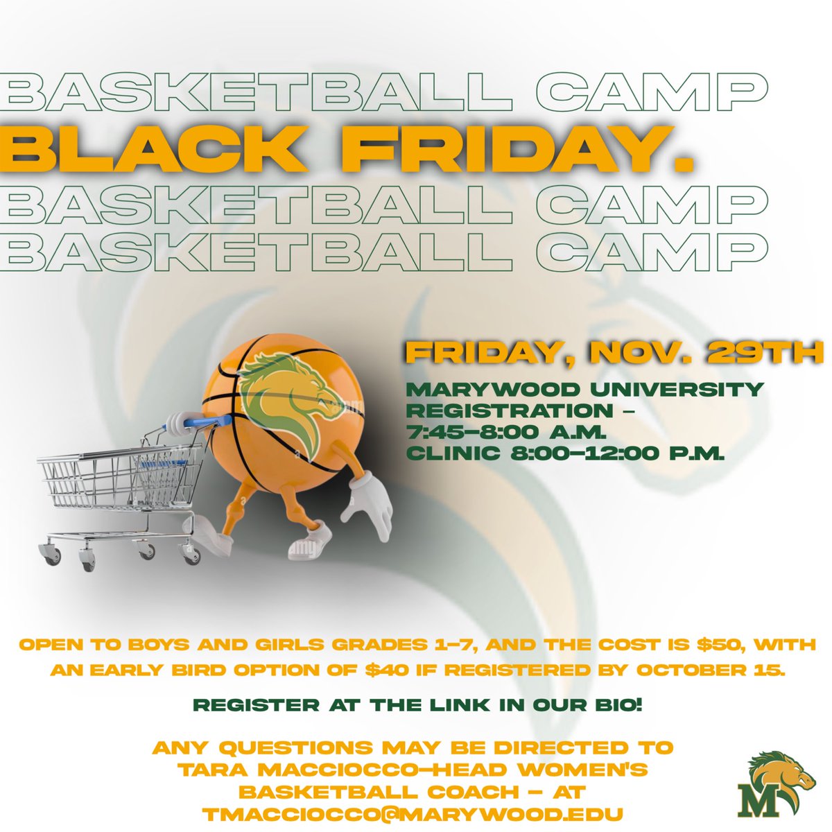 MarywoodWBB's tweet photo. Black Friday is right around the corner! Drop the kids off while you head out shopping for a fun day of hoops and more! 💚🏀

Sign up at the link in our bio! https://t.co/f1pBz4j4y7