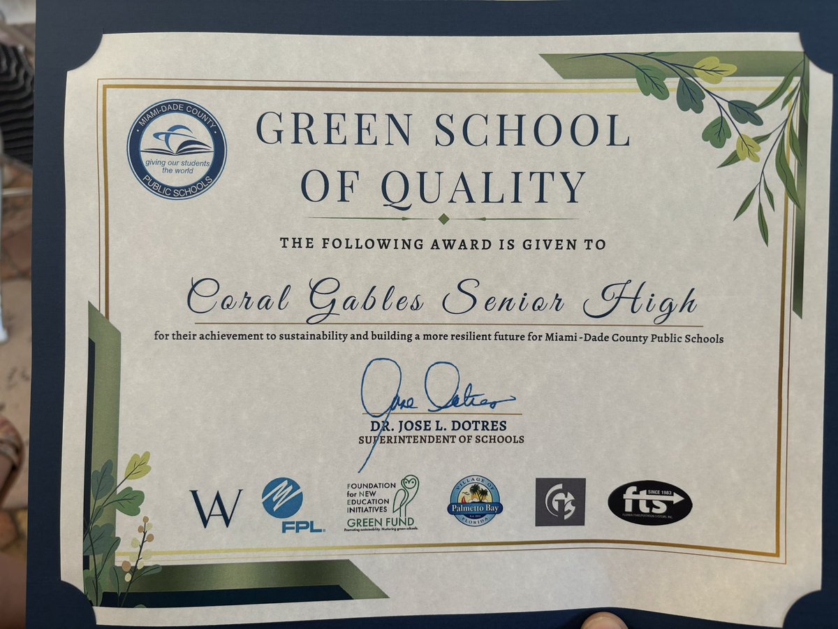 Coral Gables SHS (@coralgablesshs) on Twitter photo This afternoon, we were honored at the Green Schools Recognition Program Awards Ceremony for our efforts in recycling, conservation, sustainability, and continuing green initiatives!#YourBestChoiceMDCPS <a href="/SuptDotres/">Jose L. Dotres, Ed.D.</a> <a href="/MDCPSCentral/">Central Region</a> <a href="/MDCPS/">Miami-Dade Schools</a> <a href="/MariTereMDCPS/">Mari Tere Rojas🍎</a> This afternoon, we were honored at the Green Schools Recognition Program Awards Ceremony for our efforts in recycling, conservation, sustainability, and continuing green initiatives!#YourBestChoiceMDCPS <a href="/SuptDotres/">Jose L. Dotres, Ed.D.</a> <a href="/MDCPSCentral/">Central Region</a> <a href="/MDCPS/">Miami-Dade Schools</a> <a href="/MariTereMDCPS/">Mari Tere Rojas🍎</a>