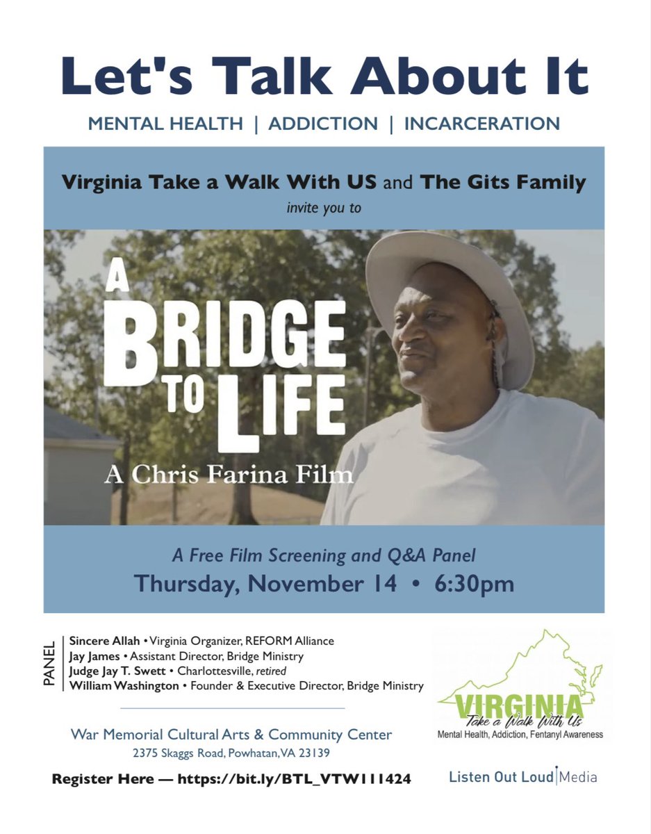 Join us in Powhatan, VA, for a special screening of A Bridge to Life. 

📅 Date: 11/14/24
⏰ Time: 6:30pm
📍 War Memorial Cultural Arts &amp; Community Center

After the film, stay for a panel discussion with voices from the documentary and the local community.