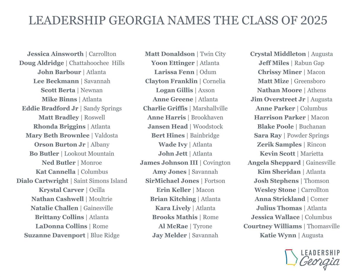 Congratulations Crystal Middleton, Jim Overstreet, Jr, and Katie Wynn on  your acceptance to Leadership Georgia Class of 2025!