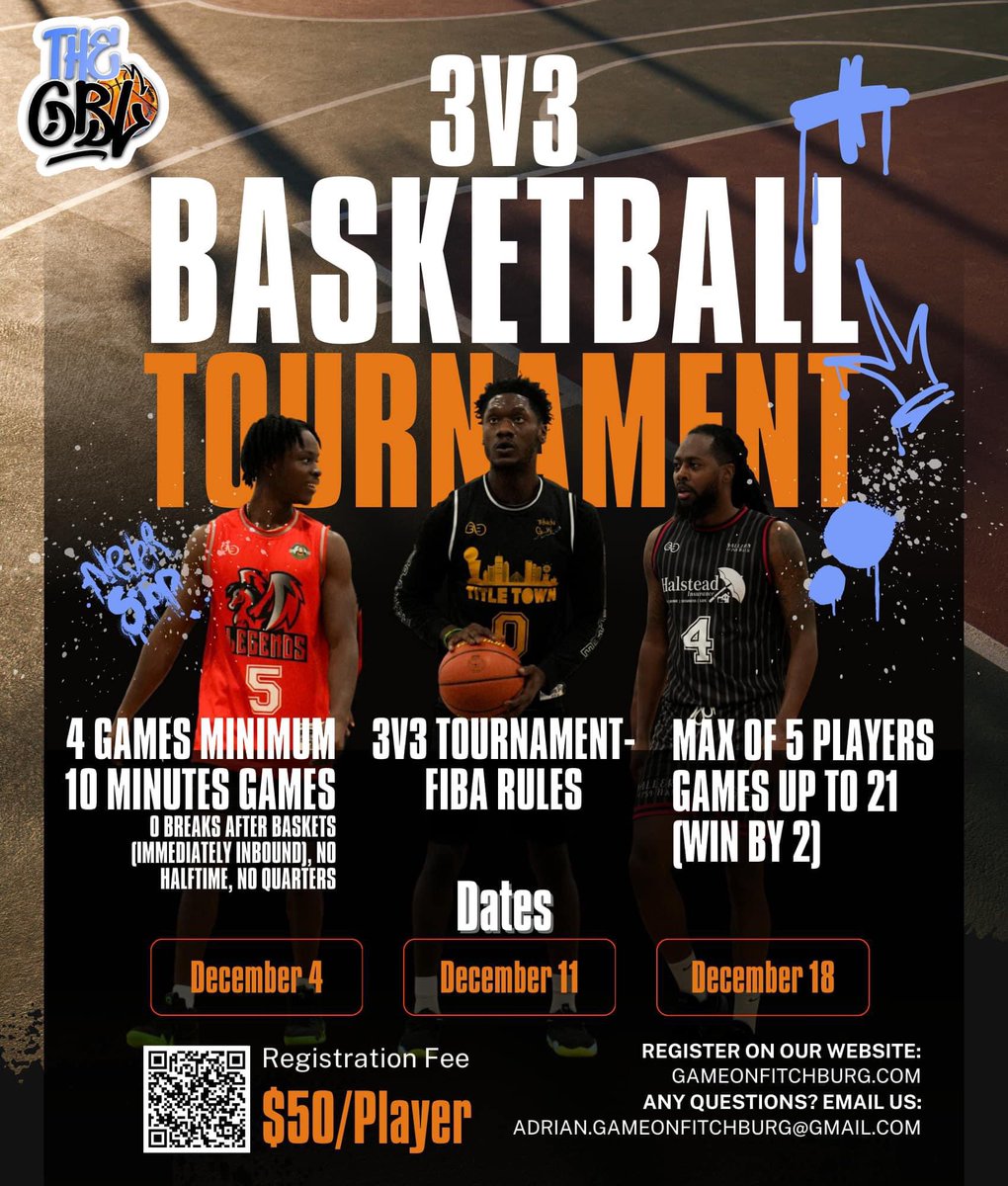 We are excited to announce our very first 3v3 basketball tournament!  Register now on our website at Gameonfitchburg.com or use the link below. For any questions, please email Adrian at Adrian.gameonfitchburg@gmail.com
Registration link: gameonfitchburg.leagueapps.com/tournaments/44…