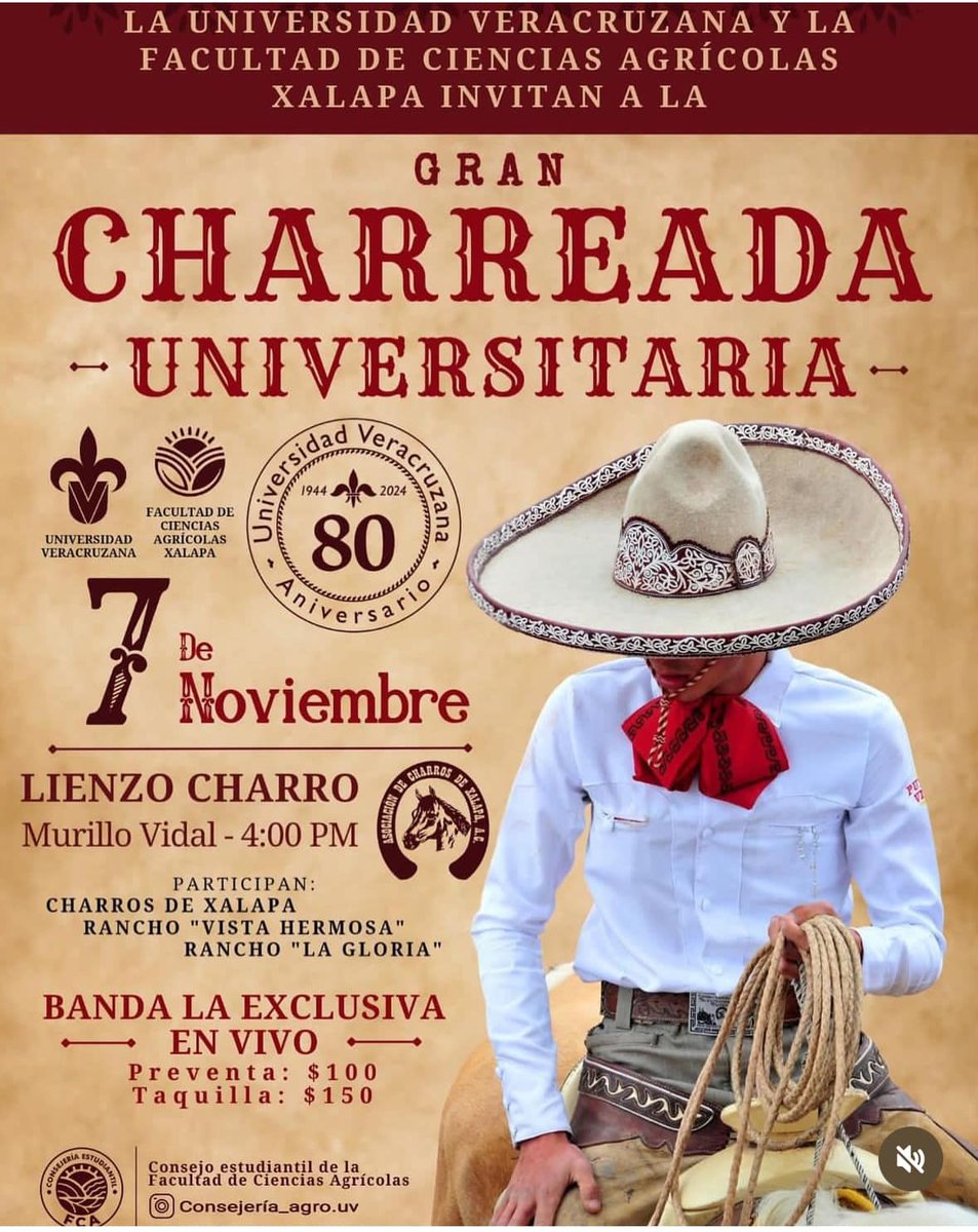BioAgroUV's tweet photo. ¡Ahora sí! Acompaña a @agrouv a celebrar el #80Aniversario de la Universidad Veracruzana con un espectáculo de destrezas y habilidades ecuestres 🐴
📆 jueves 7 de noviembre  
⏰ 16:00 h
📍Lienzo Charro / Murillo Vidal #Xalapa 
@LuzioUV @ComunicacionUV @SecAcUV 
@agropecuarioRTV https://t.co/UiEPLGQdY6