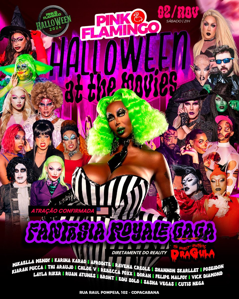 pinkflamingobr's tweet photo. 🕸️ É SÁBADO (02/11)! A @fantasiaRgaga do @BBDragula desembarca no Rio pra nossa noite de Halloween a Fantasia no NOVO Pink Flamingo com super elenco reunido! 🎃 Ingressos aqui: https://t.co/XTTl6yBHrY 🦩#Halloween https://t.co/DYMqSnkvxX