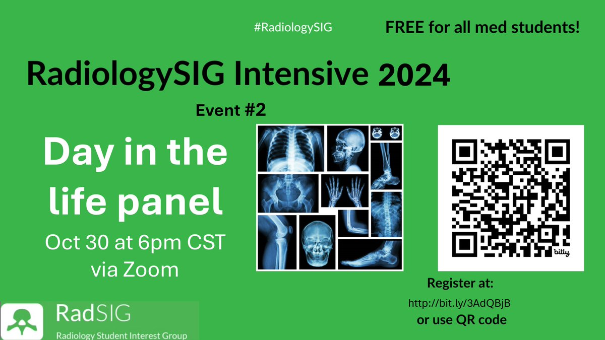 Judy Gadde, DO, MBA (@judygadde) on Twitter photo Tomorrow (Wed 10/30) at 6pm Central is the day for our 2nd <a href="/RadiologySIG/">Radiology Student Interest Group</a> 2024 Intensive Event! Register using the QR code or link to hear what it is like to be a radiologist! FREE to any and all medical students, including MD, DO, IMG, etc!
#RadiologySIG #futureradres #radiology Tomorrow (Wed 10/30) at 6pm Central is the day for our 2nd <a href="/RadiologySIG/">Radiology Student Interest Group</a> 2024 Intensive Event! Register using the QR code or link to hear what it is like to be a radiologist! FREE to any and all medical students, including MD, DO, IMG, etc!
#RadiologySIG #futureradres #radiology