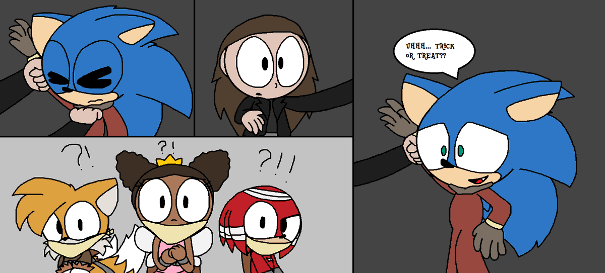 RFandom12's tweet image. Bonus Halloween Themed Drawing #24, 25, 26, and 27: The plan to save his friends, part 2

Yep, Sonic got caught by the bounty guy (from the knuckles series), but luckily, his new ally drops in to finish the job