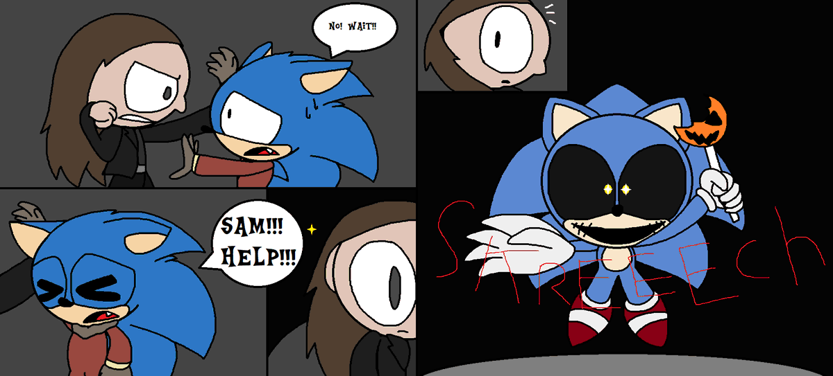 RFandom12's tweet image. Bonus Halloween Themed Drawing #24, 25, 26, and 27: The plan to save his friends, part 2

Yep, Sonic got caught by the bounty guy (from the knuckles series), but luckily, his new ally drops in to finish the job