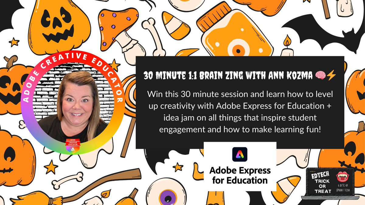 annkozma723's tweet photo. 🧠 Boost your creativity with @AdobeForEDU ⚡️❤️
Register to attend the EdTech Trick or Treat and secure your chance for a 1:1 session too! Lots of great folks are sharing! I cannot wait to connect with you and share @AdobeExpress ideas!
Info: https://t.co/Ow3pRLZHTU #BEEGOLD https://t.co/oM28jBhFaf