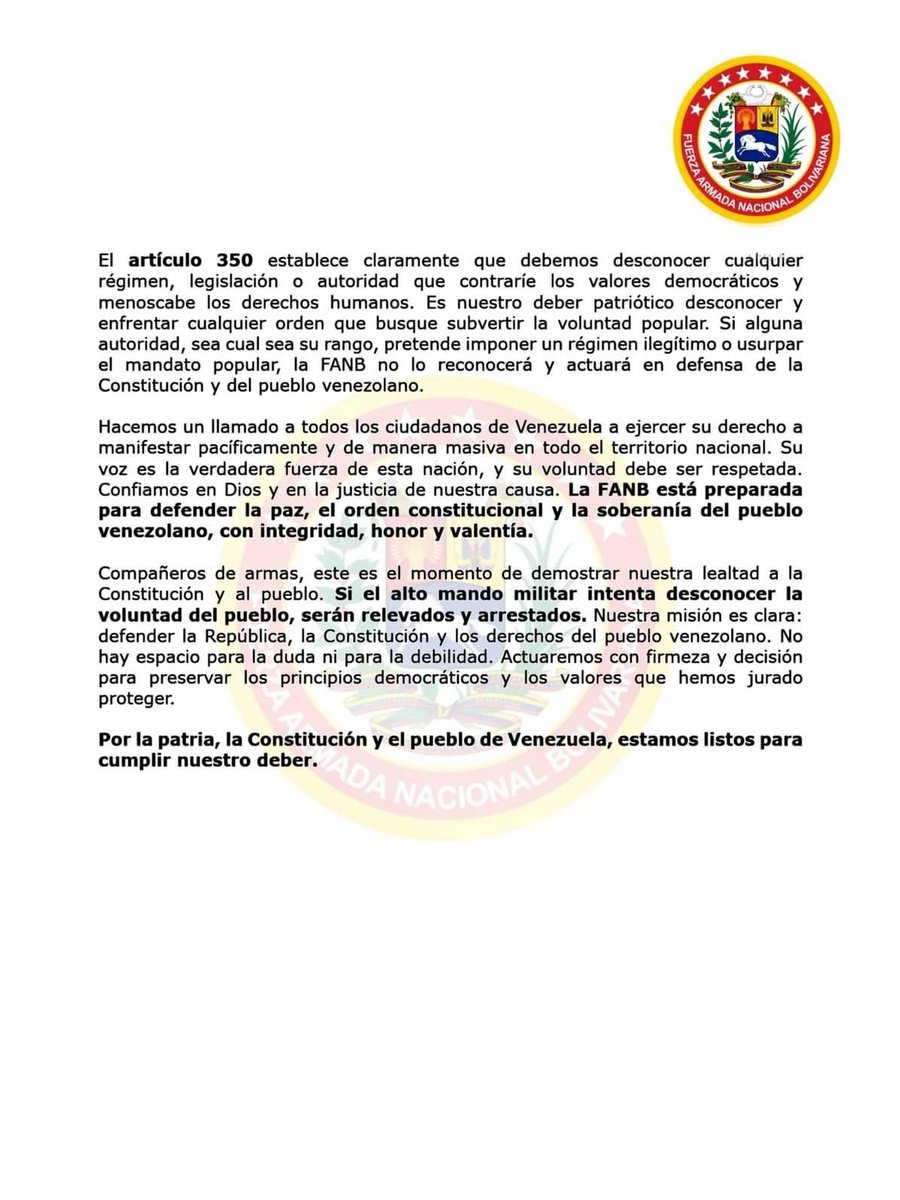 TachiraProtesta's tweet photo. FAVOR DIFUNDIR | Grupo de Militares activos en diferentes guarniciones del país le envían un mensaje a sus compañeros de armas y al pueblo de Venezuela. No están solos, no estamos solos. Venezuela va cambiar y hay cientos de patriotas dispuestos a defender la voluntad del pueblo. Solo en unidad junto a María Corina Machado y el presidente Edmundo González vamos a vencer y a recuperar nuestra libertad. #HastaElFinalVenezuela