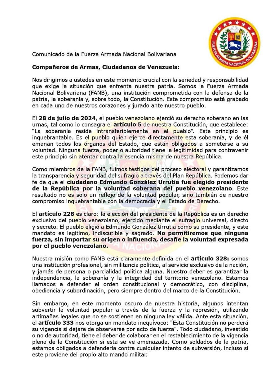 TachiraProtesta's tweet photo. FAVOR DIFUNDIR | Grupo de Militares activos en diferentes guarniciones del país le envían un mensaje a sus compañeros de armas y al pueblo de Venezuela. No están solos, no estamos solos. Venezuela va cambiar y hay cientos de patriotas dispuestos a defender la voluntad del pueblo. Solo en unidad junto a María Corina Machado y el presidente Edmundo González vamos a vencer y a recuperar nuestra libertad. #HastaElFinalVenezuela