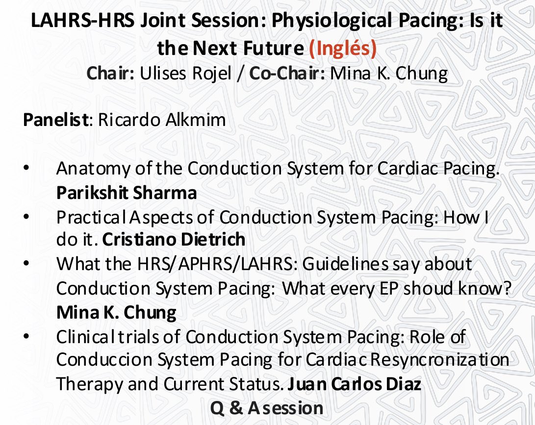 LAHRS (@lahrsonline1) on Twitter photo #LAHRS2024 Scientific Sessions
🗓️November 5 , 🕜08:00 hs
📍Nueva Granada
LAHRS-HRS Joint session: Physiological Pacing: Is it the Next Future?
<a href="/UlisesRojel/">Ulises Rojel-Mtz MD, FHRS</a> , Mina Chung <a href="/psharmadoc/">Parikshit S Sharma, MD, MPH, FACC, FHRS</a> <a href="/AlkmimRicardo/">Ricardo Alkmim Teixeira</a> <a href="/Codietrich/">Cristiano Dietrich</a> <a href="/jcdiaz1234/">Juan Carlos Díaz</a>
lahrs2024.com #LAHRS2024 Scientific Sessions
🗓️November 5 , 🕜08:00 hs
📍Nueva Granada
LAHRS-HRS Joint session: Physiological Pacing: Is it the Next Future?
<a href="/UlisesRojel/">Ulises Rojel-Mtz MD, FHRS</a> , Mina Chung <a href="/psharmadoc/">Parikshit S Sharma, MD, MPH, FACC, FHRS</a> <a href="/AlkmimRicardo/">Ricardo Alkmim Teixeira</a> <a href="/Codietrich/">Cristiano Dietrich</a> <a href="/jcdiaz1234/">Juan Carlos Díaz</a>
lahrs2024.com