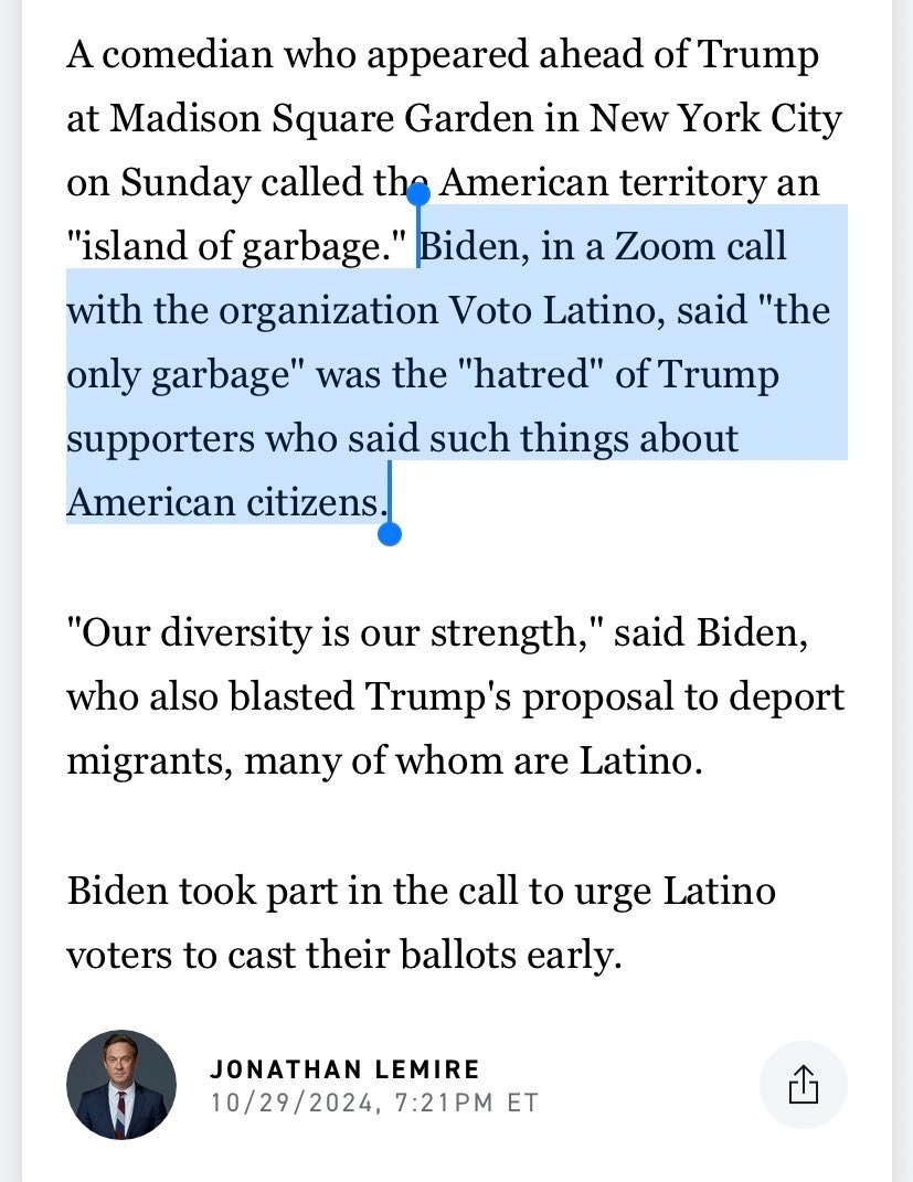 JDVance's tweet image. "The only garbage I see floating out there is his supporters." That's a direct quote. That's what Kamala Harris's boss said. This is how Politico decided to report it:

Do @JonLemire @alexanderburns  @politico have an ounce of integrity? Will they correct this obvious falsehood?