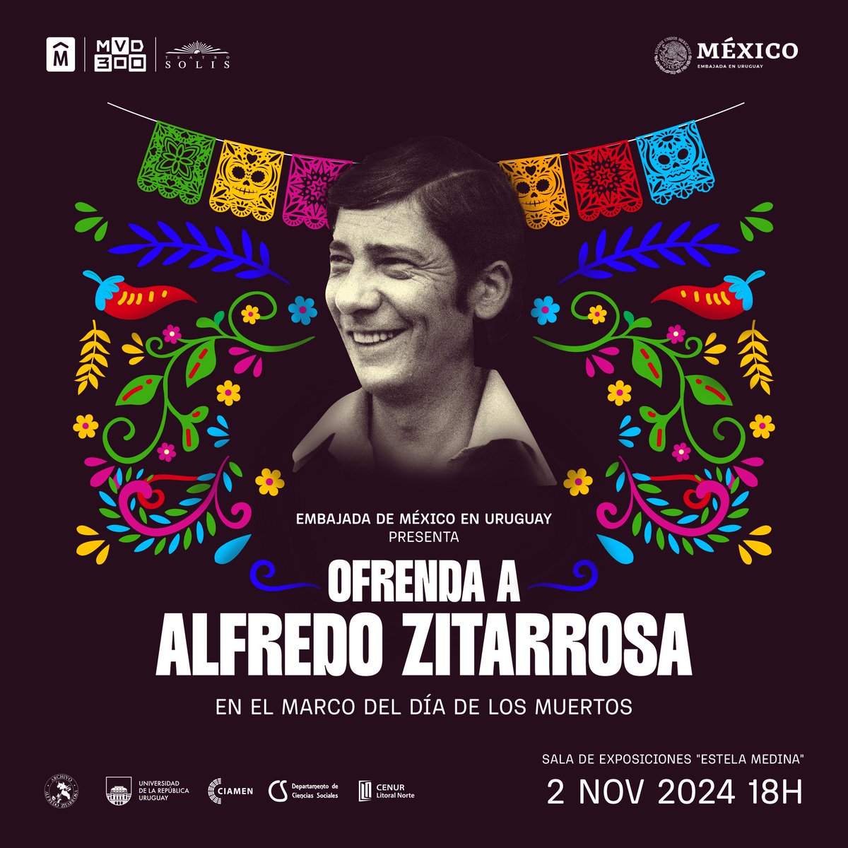 ArchivZitarrosa's tweet photo. 💀 El 2 de noviembre se inaugura un Altar de Día de Muertos en homenaje a Alfredo Zitarrosa y su vínculo con el exilio en México.

🇲🇽 La instalación es producida y realizada por @EmbaMexUru en coordinación con el Archivo Zitarrosa y el Ciddae @TeatroSolis

¡Les esperamos! https://t.co/75oKO0Llsb