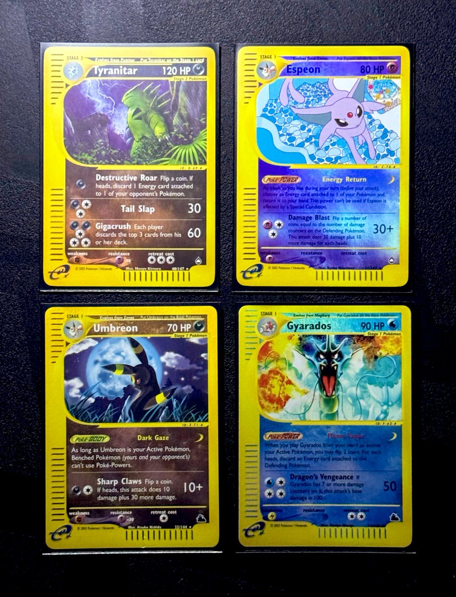 businessdhhrd's tweet photo. Reverse Holo E-Readers 

♠️ Aquapolis: 
• TYRANITAR - 115$
• ESPEON - 90$ 

⛰️ Skyridge: 
�� UMBREON - 220$ 
• GYARADOS -  110$ 

Cards or LP or better. 
Photos in comments 👇 
PRICES ARE SHIPPED W/ TRACKING 

—> Do you prefer posts like this for multiple cards and photos in comments? 

Or 

—> Should I post singles like these solo? 

(Trying not to spam your feed)