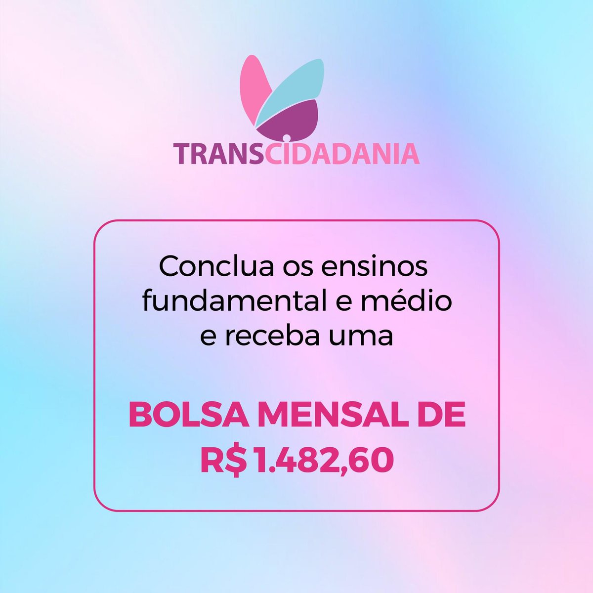 FMLSethSP's tweet photo. TRANSCIDADANIA - Conclua os ensinos fundamental e médio e receba uma bolsa mensal de R$ 1.482,60

📝1.020 VAGAS
Carga horária: 30h/semana (atividades no Centro de Cidadania LGBTI + horas na escola)
Tempo de permanência: Até 3 anos

Mais informações: 
https://t.co/xRIsaSWvS0 https://t.co/bZWbyZl0ZR