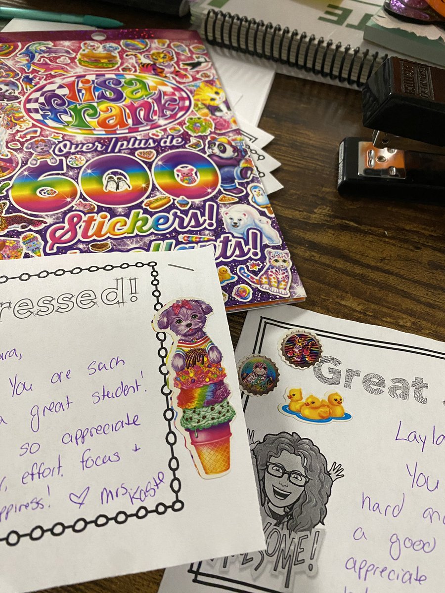 It was decades day so I rocked a side pony, a neon shirt and used my Lisa Frank stickers to write students some positive notes!