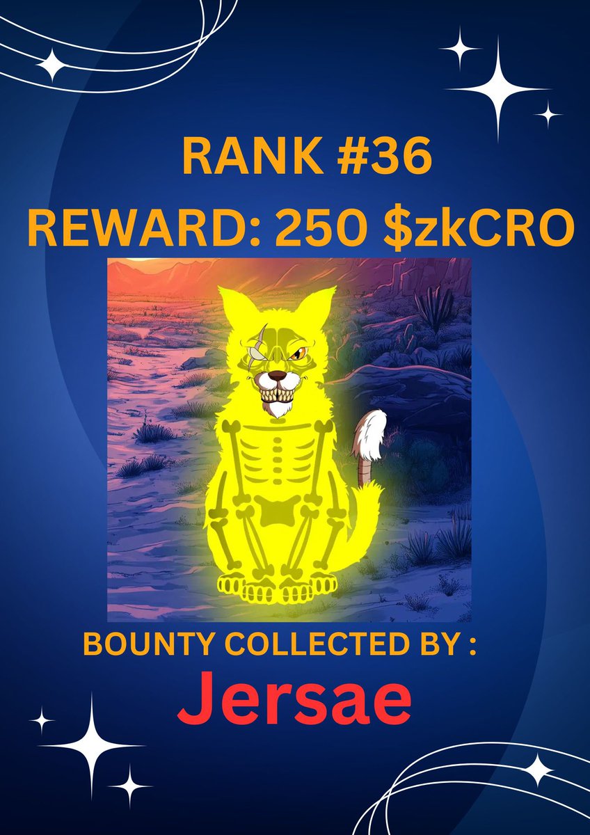 Congratulations <a href="/Jersae91/">Jersae</a> 🎉 

💰 TOP 50 BOUNTY CLAIMED 💰 

$1,600+ rewards to minters! 

➡️ $1 MINT: zombie-kitty.netlify.app

➡️ Mint 50 get $20 💰 #CronoszkEVM

Who is getting the first TOP 5?
^Worth 500 $zkCRO