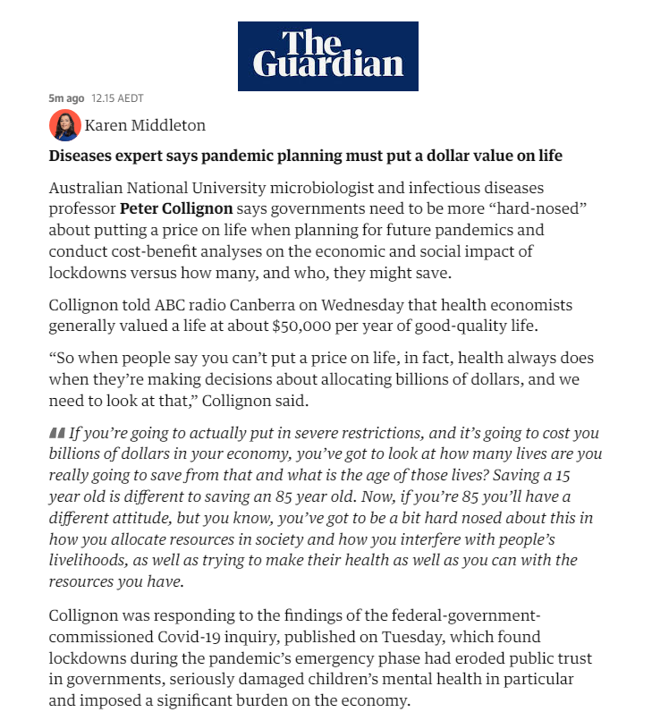 BigBadDenis's tweet photo. Diseases expert says pandemic planning must put a dollar value on life.

"Collignon told ABC radio Canberra on Wednesday that health economists generally valued a life at about $50,000 per year of good-quality life."🤦‍♂️

@CollignonPeter #eugenics 

Source: https://t.co/E0y71GHiSR https://t.co/2bJ5q8O1t0