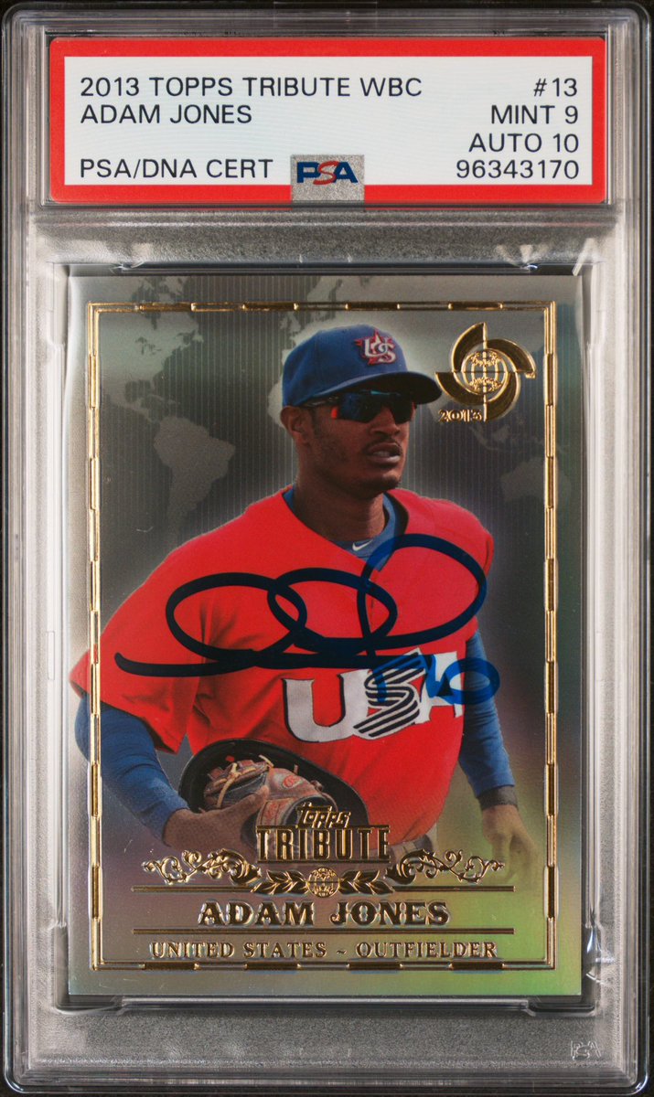 AJonesSigning's tweet photo. Adam Jones signed 2013 Topps tribute WBC card, graded Psa 9/10. $150 shipped https://t.co/V9CLy7zj4v