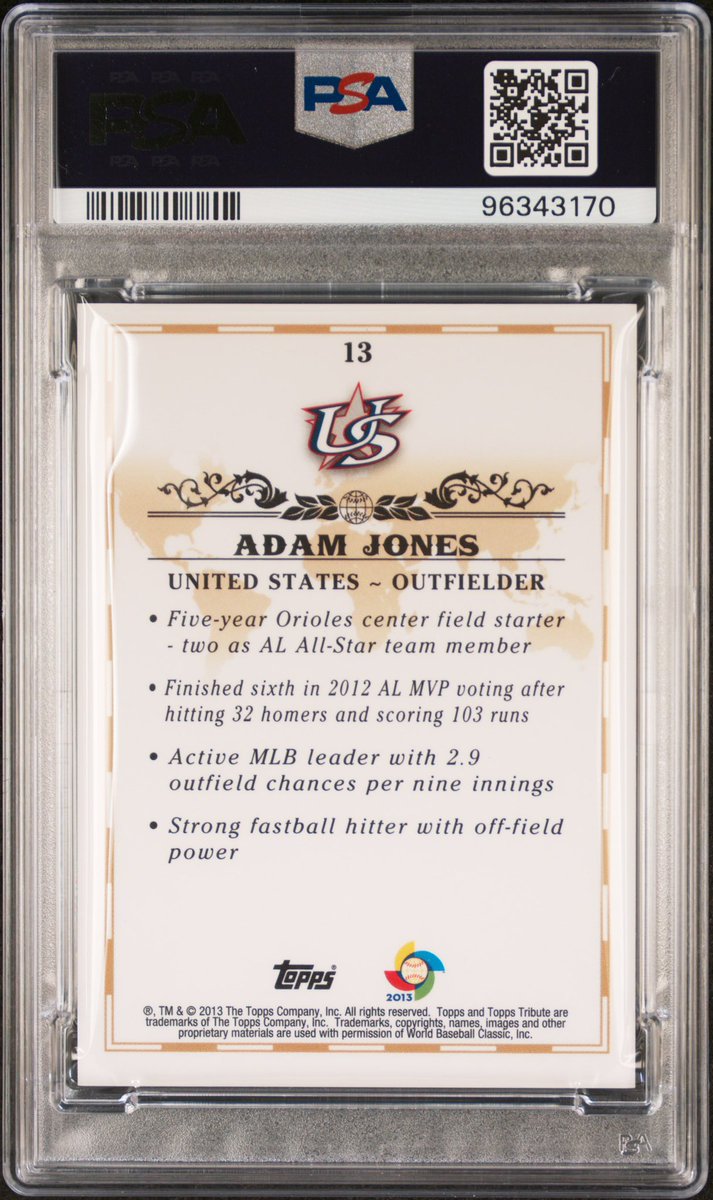 AJonesSigning's tweet photo. Adam Jones signed 2013 Topps tribute WBC card, graded Psa 9/10. $150 shipped https://t.co/V9CLy7zj4v