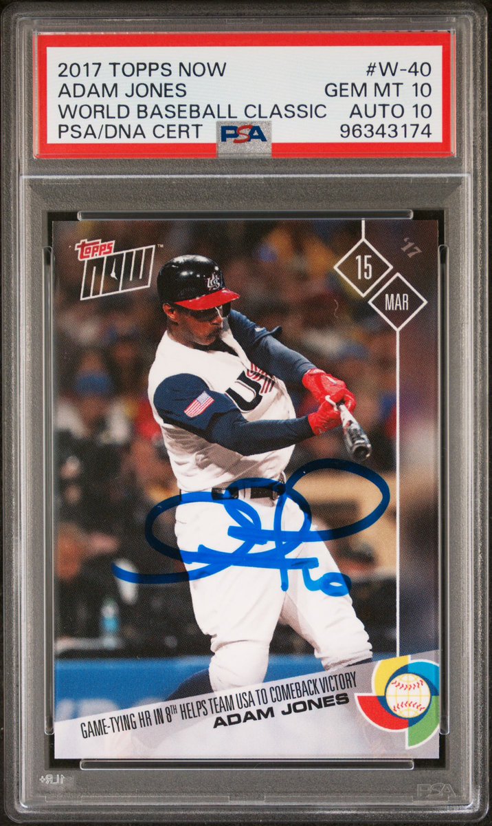 AJonesSigning's tweet photo. Adam Jones 2017 Topps Now WBC card, super rare card unsigned. Graded PSA 10/10 💎 $300 shipped https://t.co/WgtGxJYsEv