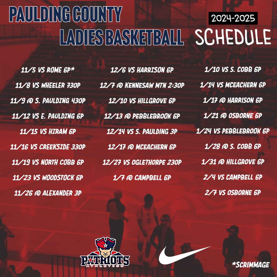 PCHS_WBB's tweet photo. Come out and see what’s going on in Patriot Nation this season!!

@@PCHS_Pats @PCPatriotsports @Paulding_Sports @KyleSandy355 @SandysSpiel @PGHCircuit @WBBGems @HoopSeenW https://t.co/ufRQysFouO