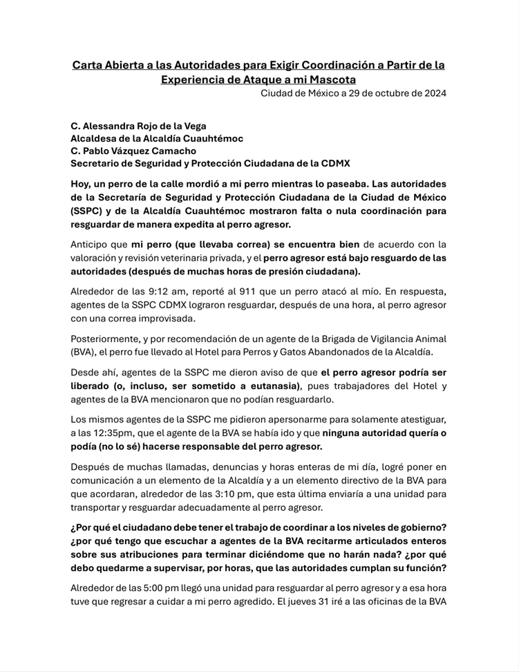 SamBMora's tweet photo. Carta abierta a @AlessandraRdlv y a @PabloVazC
Un perro atacó al mío mientras lo paseaba. Las autoridades de la @SSPCMexico y de la @AlcCuauhtemocMx mostraron falta o nula coordinación para resguardar de manera expedita al perro agresor https://t.co/SY59r7bzjM