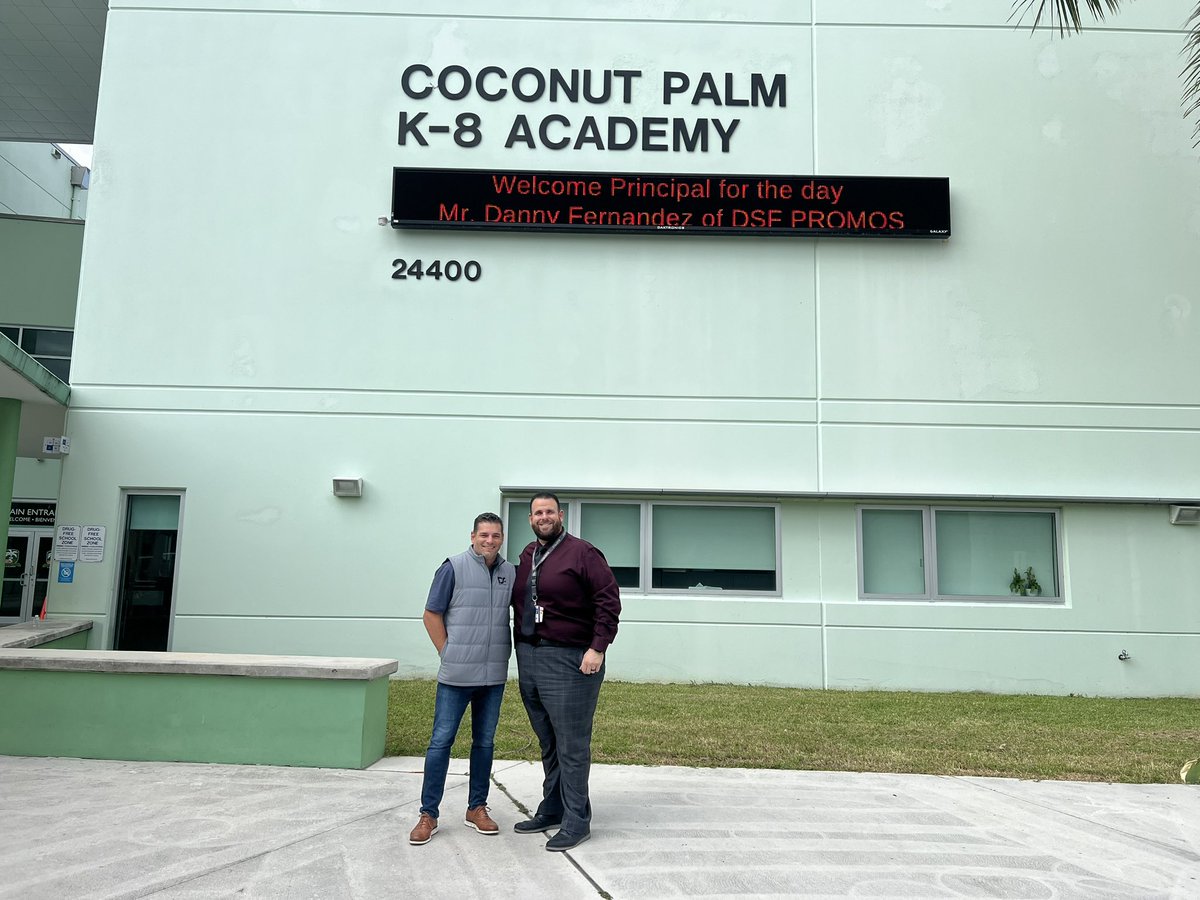 CoconutPalmK8's tweet photo. Thank you Mr. Danny Fernandez of DSF Promos for your continued partnership and support! It was great having you with us today as principal for the day. #MDCPSpartnters #principalfortheday #principaltoday @MDCPSSouth @SuptDotres @miamischools https://t.co/fA9e02nRIm
