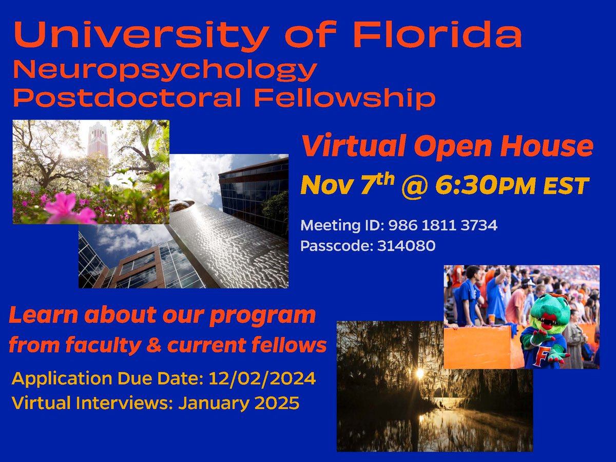 The Neuropsychology Area of the Department of CHP <a href="/UF/">FLORIDA</a> is seeking applicants for a 2-year Clinical Neuropsychology Postdoctoral Associate! 

Please join us on 11/7 @ 6:30pm (EST) for our virtual open house to learn more about our program🐊