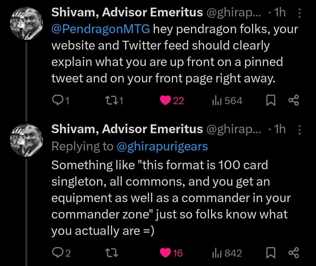 What is #PendragonMTG
100 Card Singleton

Commanders:

1 Common Creature

1 Legendary Equipment

Combined color identity

Cards in the 98:

All commons

Life Total/Commander Damage:

Life 30

Cmdr damage 21

Infect 10

Check our links for more information! linktr.ee/PendragonMTG