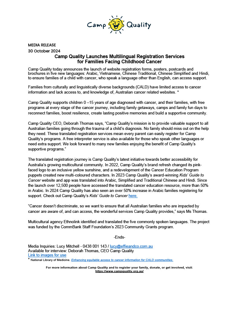 Today we launch a translated registration journey in 5 new languages: Arabic, Vietnamese, Chinese Traditional, Chinese Simplified &amp; Hindi. Families of a child with cancer, can now more easily access information and support in their language. 
#breakingnews #multiculturalaustralia