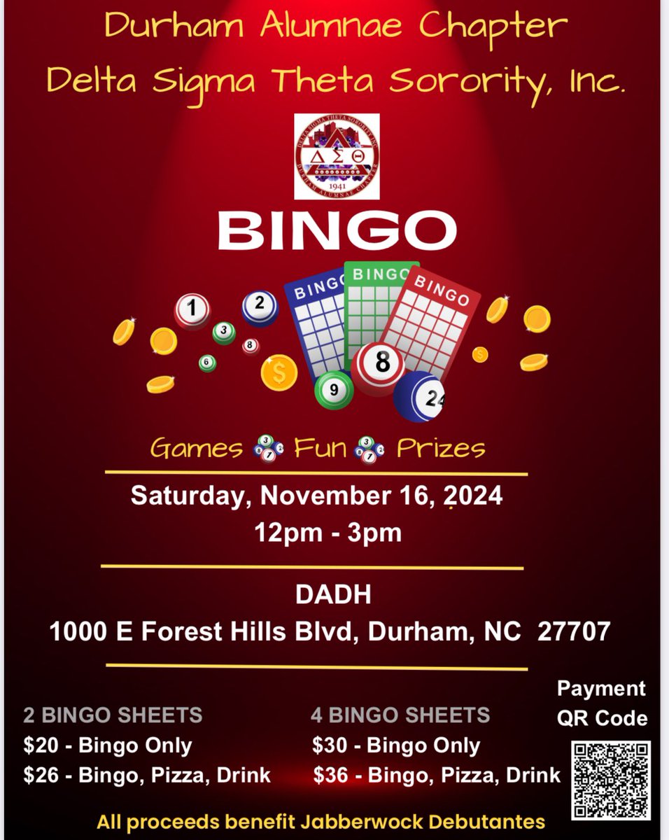 Tix now available for our Jabberwock Bingo. Just scan the QR Code in the flyer. 11/16/24 12pm-3pm at DADH. #DST1913 #DACDST