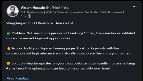 AkramHossainSEO's tweet photo. Struggling with SEO Rankings? Here’s a Fix!
#seo #seotips #tricks #updatecontent #akramhossainseo https://t.co/SydN7Fyb1t