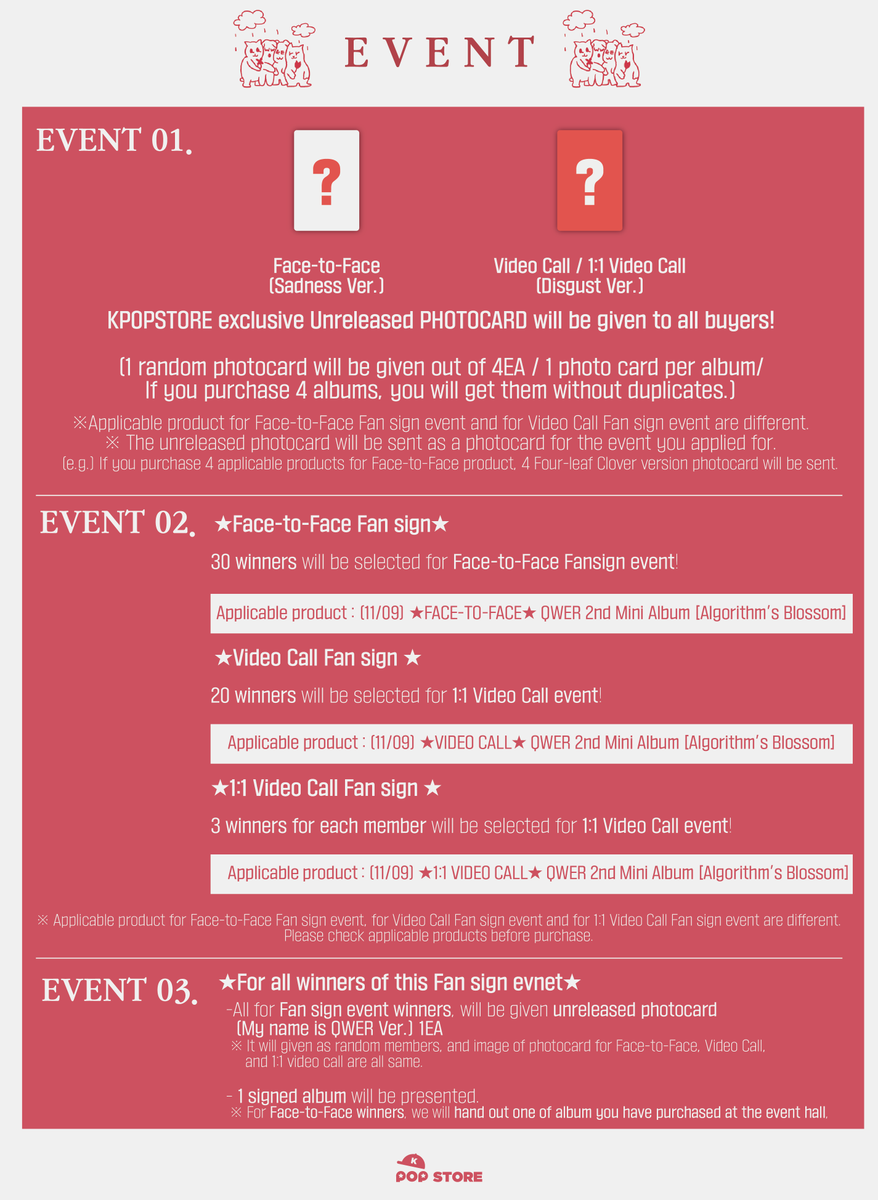 kpopstorecokr1's tweet photo. (11/9) QWER 2nd Mini Album [Algorithm's Blossom] 발매 기념 대면 Fansign / Video Call / 1:1 Video Call Event💿

🗓 응모기간 : 10.30 11:00AM ~ 11.3 23:59PM(KST)
💌사인회일정 : 11.9 19:00PM (KST) ~

🔗https://t.co/3UuzD79f9I
 
#QWER #ALGORITHMSBLOSSOM
#내이름맑음 https://t.co/kpyPSkVhFB
