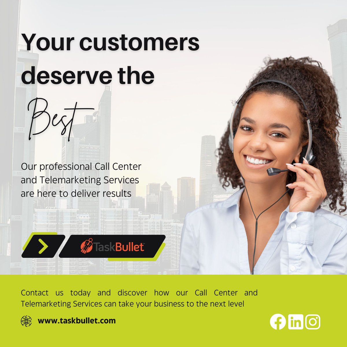 TaskBullet's tweet image. Your customers deserve the best. TaskBullet’s call center services ensure they get it. 🌟📞
#TaskBullet #CustomerCare #TopService #CallCenterSolutions #ClientSatisfaction