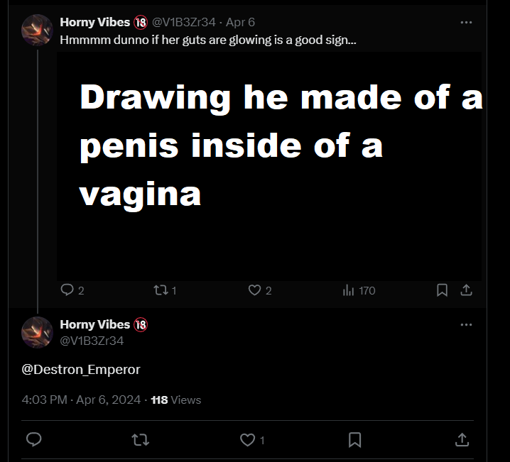 <a href="/Primekelly414/">TFKranixhypeguy (comms closed atm)</a> Gonna drop it in here cause I have no followers on this account but I have actual proof of them grooming and sending porn HailKingCrimson before they turned 18. These are (as of now) available tweets of Vibez sending porn and confirming sending porn to a minor