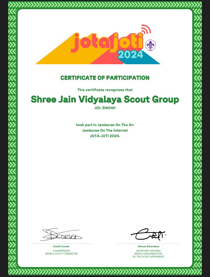 SjvScoutGroup's tweet photo. 🎉👏 Congratulations to the SJV Scout Group! 🎉

We're thrilled to announce that our scouts have received participant certificates for JOTA-JOTI 2024, the world's largest digital scout event.
Jamboree On The Air  Jamboree On The Internet
#JOTA_JOTI #sjvscoutgroup #bsgindia https://t.co/5JOy4PRMSs