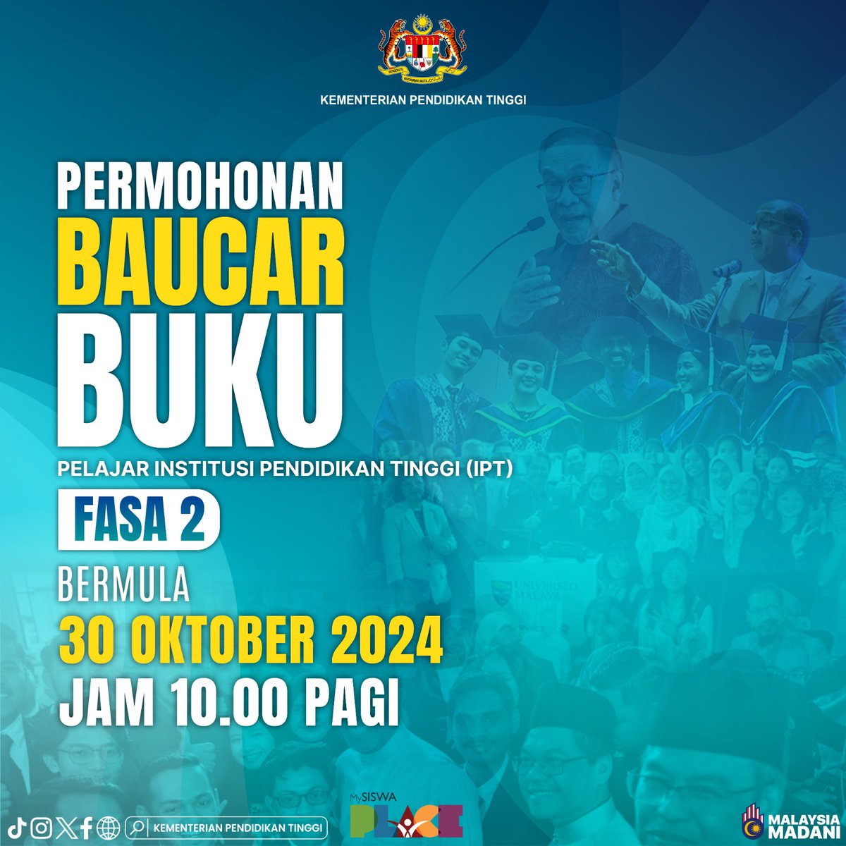 MOHEOfficial's tweet photo. PERMOHONAN BAUCAR BUKU RM100 SUDAH DIBUKA!

Ayuh semua pelajar Institusi Pendidikan Tinggi (IPT), anda layak untuk menebus baucar buku di laman MyPLACESISWA dan permohonan dibuka mulai jam 10.00 pagi ini!

@ZambryOfficial
@MustaphaSakmud_
@DrZainiUjang

#MalaysiaMADANI https://t.co/qPQ9OjqHPN