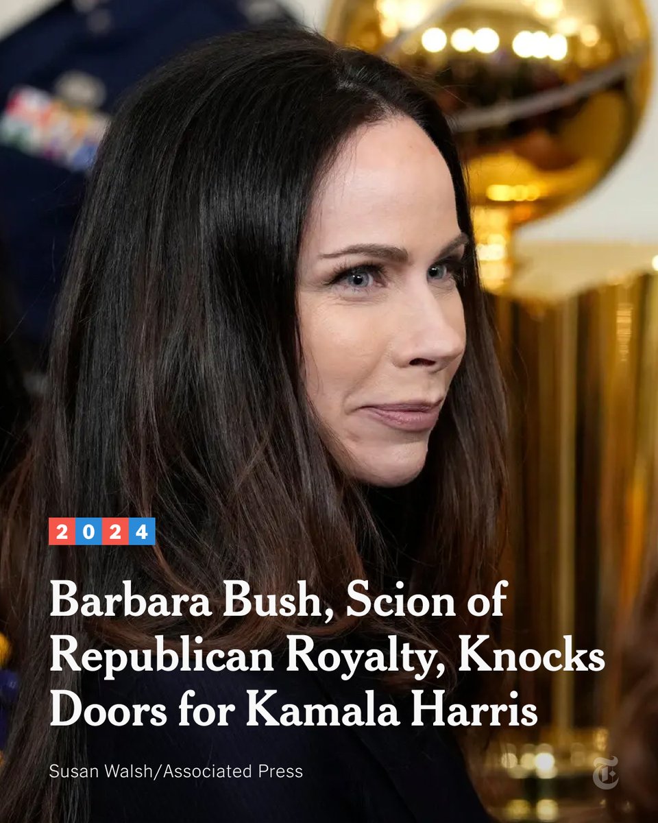 Barbara Bush, whose father and grandfather were the last two Republican presidents before Donald Trump, said she was backing his opponent, Vice President Kamala Harris. nyti.ms/3YH5uEl