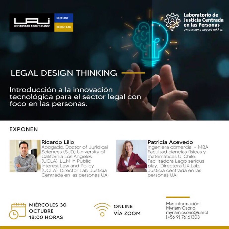📌 Este miércoles 30 de octubre, junto al Laboratorio de Justicia Centrada en las Personas de <a href="/DerechoUAI/">Derecho UAI</a>, abordaremos cómo combinar la experticia legal con las metodologías propias de un diseñador.
<a href="/RicardoLilloL/">Ricardo Lillo Lobos</a> 
Online
🕓 18:00 hrs.
Inscríbete: bit.ly/48bqRRA