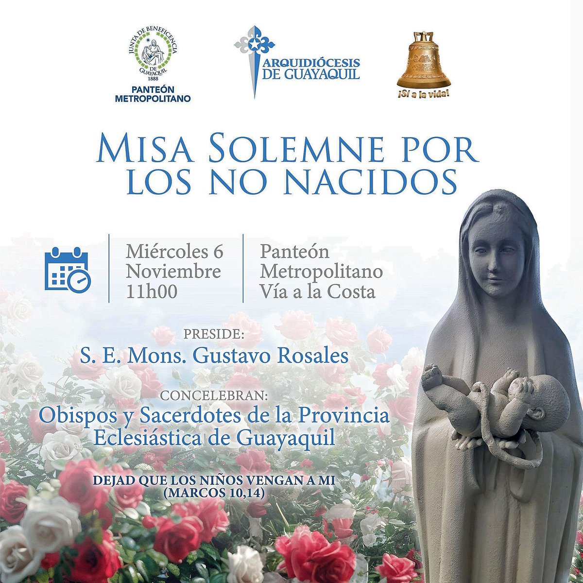 Padres podrán pedir que recen por sus hijos no nacidos en esta misa con rito de bautismo y exequias Registra aquí tu intención  n9.cl/intencionesmis… participa presencialmente en esta misa en memoria de estos pequeños 👼🏻🩵
🗓 6 de noviembre
📍Panteón Metropolitano de Guayaquil.