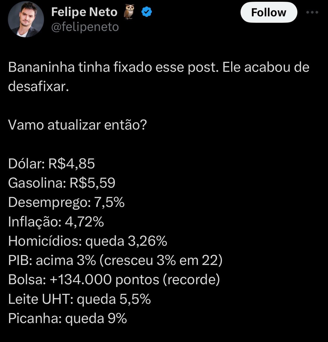ancapchequei's tweet photo. 🚨Vamos atualizar novamente?

Dólar: R$ 5,76
Gasolina: R$ 6,11
Desemprego: 7%
Inflação: 4,60 (expectativa)
Homicídios: crescimento de mais de 6%
PIB: 3% (expectativa)
Bolsa: Queda de 3,8%
Leite UTH: Aumento de 32%
Picanha: Aumento de 43,5%

Sinto que ainda pode piorar. https://t.co/0sG5OHhomB