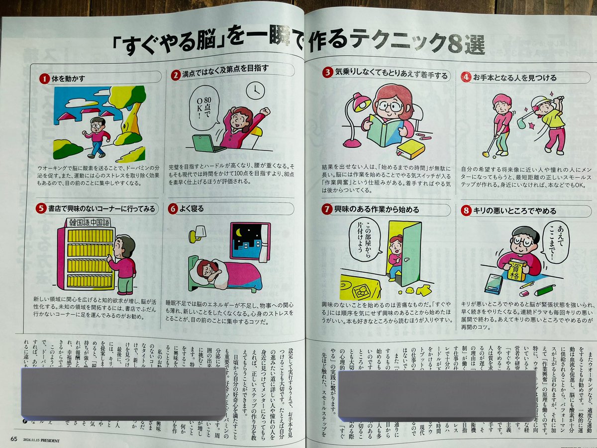 発売中のPRESIDENTの「すぐやる脳」特集にてイラストを9カット描いています。
毎日無駄にしか生きていない私は、
「人生後半の時間術」というタイトルを見ただけで、動悸がしましたが、読んでみると
かなり実践したくなる内容でした。みなさまもぜひこれを読んで、人生の後半戦に備えましょう!!