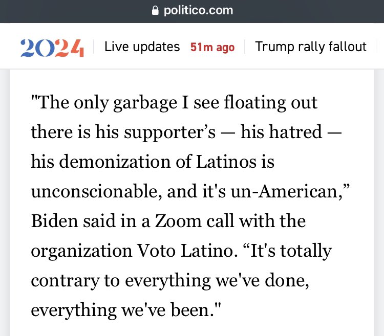 EndWokeness's tweet image. HOLY SHLIT. 

Politico just added an apostrophe to the quote, making it seem like Biden is just labelling one supporter as garbage.

 This is literal state propaganda.