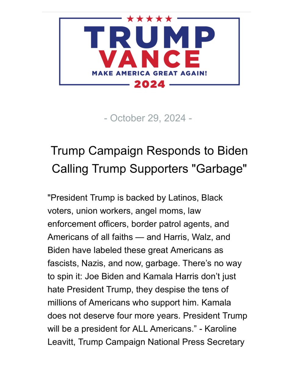 bennyjohnson's tweet image. 🚨BREAKING: Trump campaign responds to Joe Biden calling supporters “garbage”