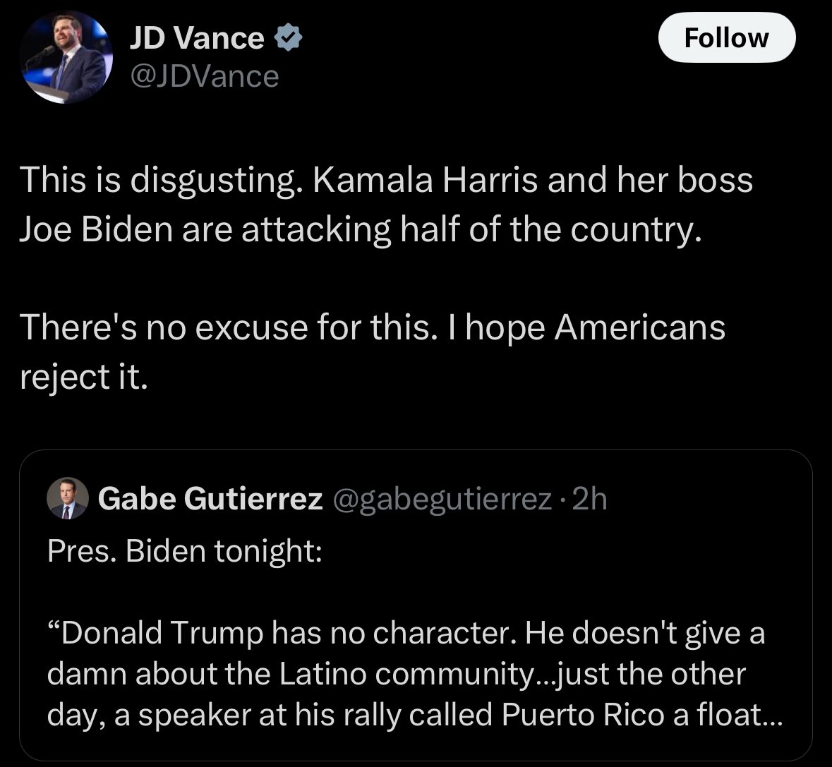 Not only did Biden not say the thing <a href="/JDVance/">JD Vance</a> is pretending to be mad about here, he and Trump actually say much worse about more than half of all Americans every single day. I hope no MSMers will pretend to believe this false outrage. A reminder below for those who play along.