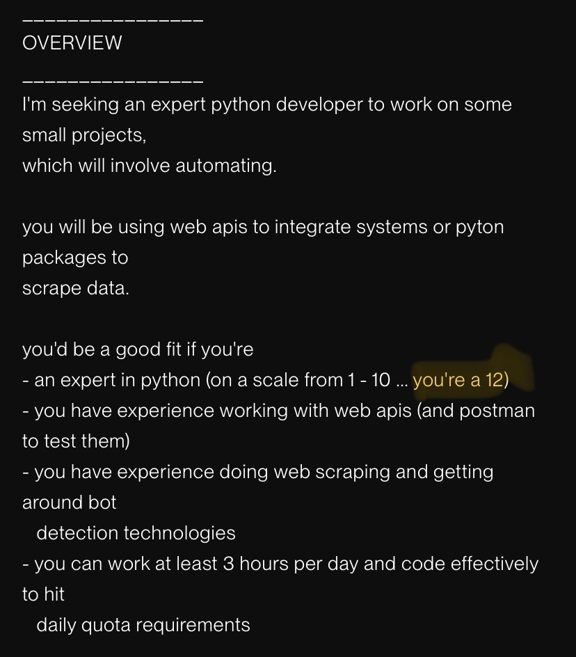 davevsdave's tweet image. I’ve seen some crazy UpWork job posts, but I think this one takes the cake… 

Are you an expert python dev? How does $4 per hour sound?