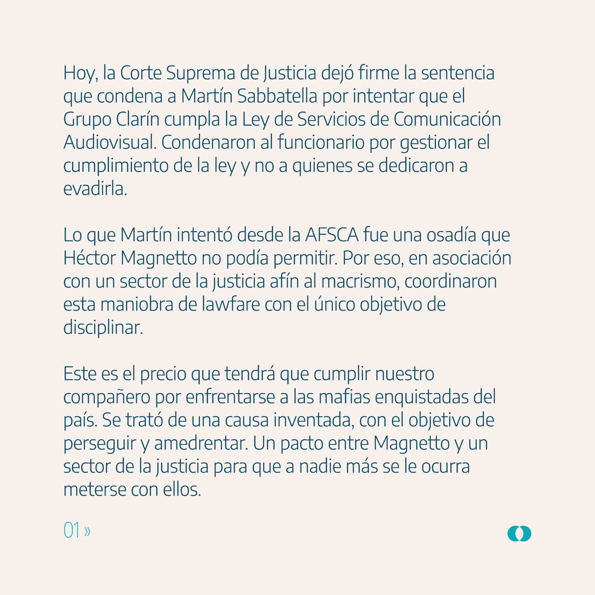 Comuna9NE's tweet photo. #Comunicado de la Mesa Nacional de Nuevo Encuentro: "SIEMPRE CON MARTÍN".

Hoy, la Corte Suprema de Justicia dejó firme la sentencia que condena a Martín Sabbatella por intentar que el Grupo Clarín cumpla la Ley de Servicios de Comunicación Audiovisual.
#SiempreConMartin https://t.co/fL4vuEv77m