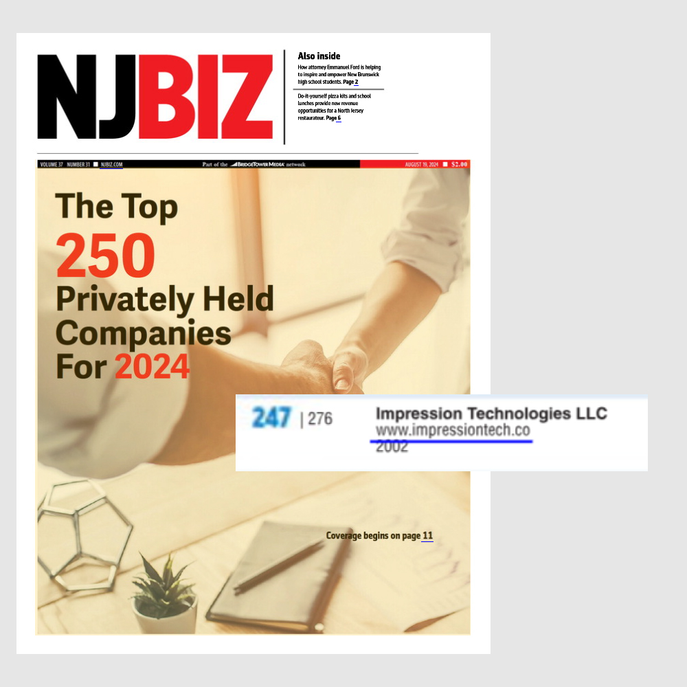 Matt Mrowicki (@mattmrowicki) on Twitter photo I am pleased to announce that Impression Technologies <a href="/ImpressionTech/">impressiontech.nft</a> has ranked #247 on NJBIZ's prestigious 2024 list of the "Top 250 Privately Held Companies" in New Jersey. A sincere thank you to our valued clients for being part of our journey. We are honored to be included I am pleased to announce that Impression Technologies <a href="/ImpressionTech/">impressiontech.nft</a> has ranked #247 on NJBIZ's prestigious 2024 list of the "Top 250 Privately Held Companies" in New Jersey. A sincere thank you to our valued clients for being part of our journey. We are honored to be included