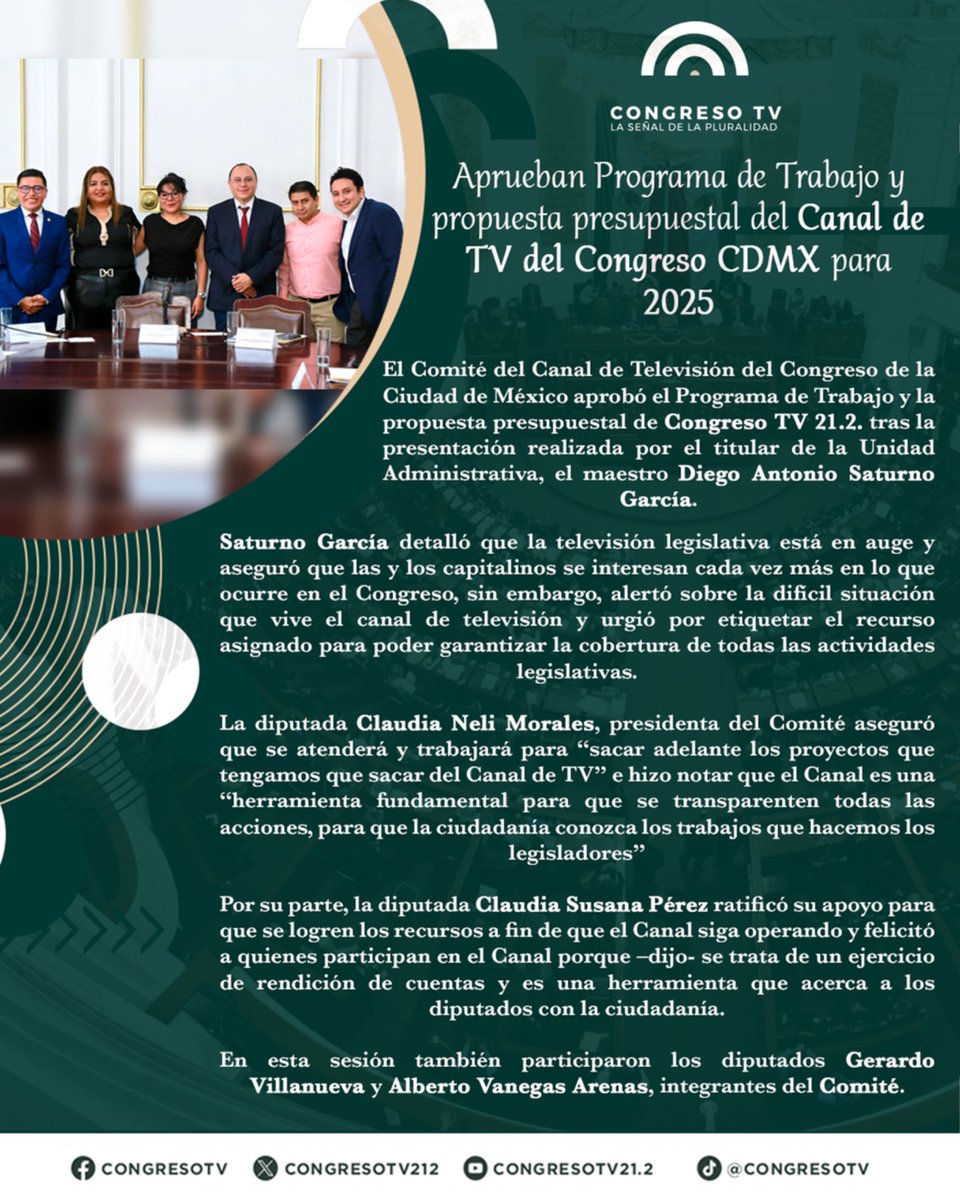Esta tarde se llevó a cabo la primer sesión ordinaria del Comité del canal de televisión en la que se aprobó el programa de trabajo y la propuesta presupuestal para 2025. 
Checa los detalles 👇