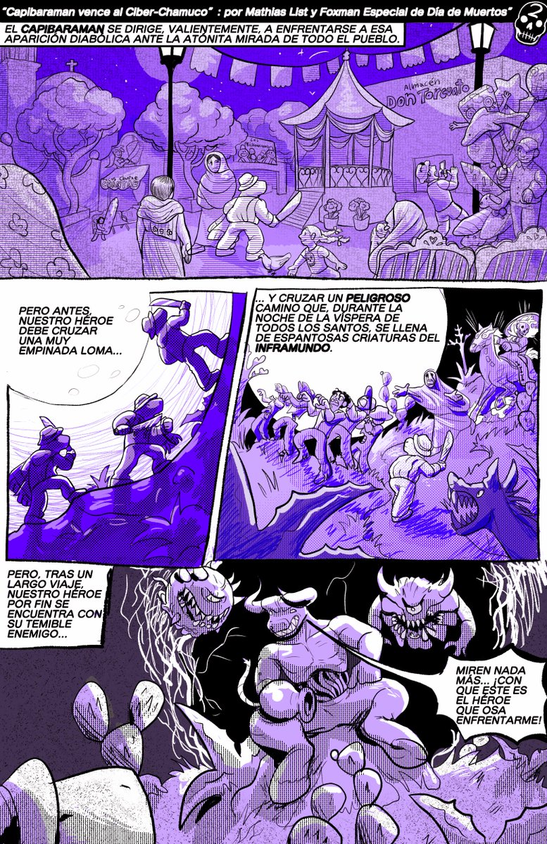 capibaracomic's tweet photo. Capibaraman #6 Especial de Día de Muertos. #Capibaraman #webcomic #historieta #tebeo #comic #comicstrip #doom #cyberdemon #cacodemon #painelemental #typhlosion #jiglipuff #gameboy #DiaDeMuertos2024 #Halloween #whitesican #peleaconeldiablo #thriller https://t.co/VAy2AjF1vP